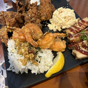 Beastside Kitchen - Pork belly, garlic shrimp, crispy chicken and mac salad. - Seafood Near Me - Honolulu, Hawaii