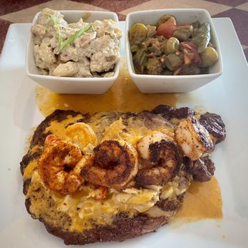Wahoo's Seafood - "The Don Special": 16-ounce prime blackened ribeye with Pontchartrain sauce and sides of Creole potato salad and stewed okra - Seafood Markets Near Me - Kerrville, Texas