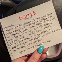 barre3 - Chapel Hill - Cute note after my first class - lifewithhanny