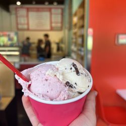 Fairway Creamery - half strawberry half peanut butter chocolate flake single scoop