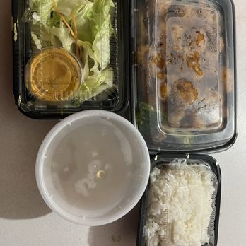 Ichiro Ramen - General Tso's chicken with steamed white rice, miso soup and side salad - Ramen Near Me - St. Peters, Missouri