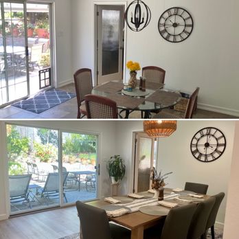 Pagan Construction - Dining room before/after: new floors, new sliding door, new furniture and fixtures - General Contractors Near Me - Redwood City, California