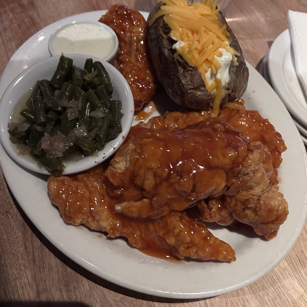Cheddar's Scratch Kitchen - Chicken Tender Platter (No. 8 Special) hot honey sauce, baked potato - Comfort Food Near Me - Omaha, Nebraska Cheddar's Scratch Kitchen - Chicken Tender Platter (No. 8 Special) hot honey sauce, baked potato - Comfort Food Near Me - Omaha, Nebraska