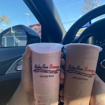 Boba Tea Lounge - Strawberry Banana Smoothie with tapioca and Chocolate Strawberry with lychee. - Coffee & Tea Near Me - Selma, Texas Boba Tea Lounge - Strawberry Banana Smoothie with tapioca and Chocolate Strawberry with lychee. - Coffee & Tea Near Me - Selma, Texas