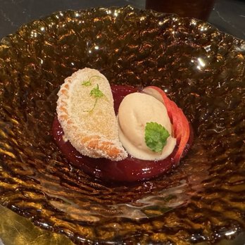 Maria Isabel - Pastry filled with rice pudding with lemon balm over a berry compote - Mexican Near Me - San Francisco, California Maria Isabel - Pastry filled with rice pudding with lemon balm over a berry compote - Mexican Near Me - San Francisco, California