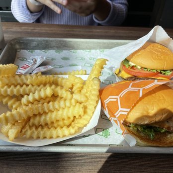 Shake Shack Hilldale Center - Our whole meal of Fries, Hot Honey Chicken, and ShackBurger - Burgers Near Me - Madison, Wisconsin