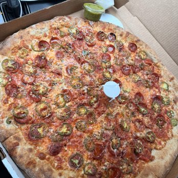 Wowee Zowee - Garlic red sauce, pepperoni cups, sliced jalapeño topped with fresh Parmesan! - Pizza Near Me - Tustin, California