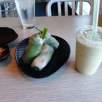 Pho Kitchen - Fresh spring rolls with pork and shrimp. Iced and very thick milk match drink. - Vietnamese Near Me - San Diego, California Pho Kitchen - Fresh spring rolls with pork and shrimp. Iced and very thick milk match drink. - Vietnamese Near Me - San Diego, California