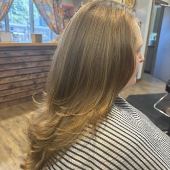 Roots To Ends - Side profile of long layered haircut by Andrea Hughes - Hair Salons Near Me - Asheville, North Carolina