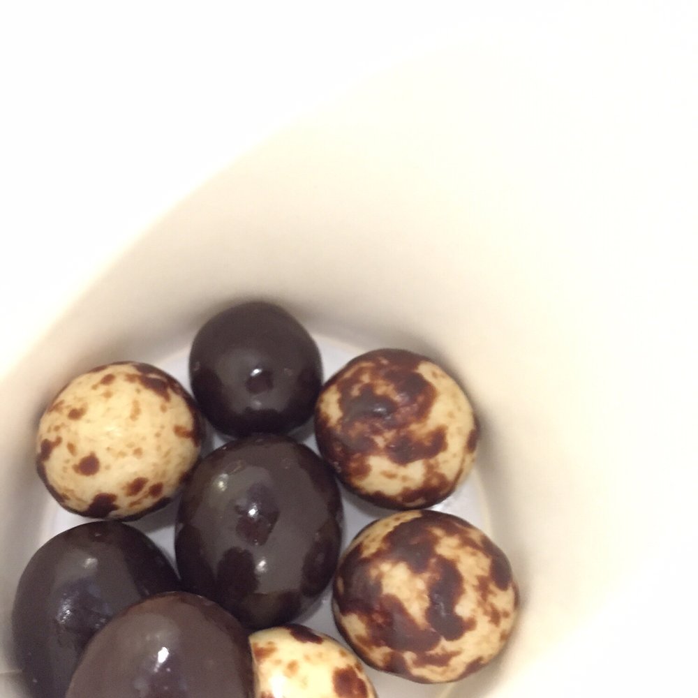Coffee Obsession - Cheetah balls (white and semisweet chocolate covered coffee beans) and espresso beans (semisweet chocolate covered coffee bean). - Coffee & Tea Near Me - Falmouth, Massachusetts Coffee Obsession - Cheetah balls (white and semisweet chocolate covered coffee beans) and espresso beans (semisweet chocolate covered coffee bean). - Coffee & Tea Near Me - Falmouth, Massachusetts