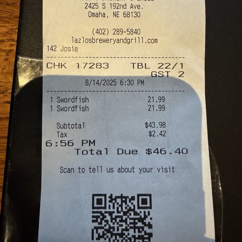 Lazlo's Brewery and Grill - Receipt - American Near Me - Omaha, Nebraska