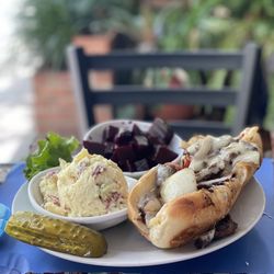 George's Cafe - Philly Cheese Steak with Beets and Potato Salad
