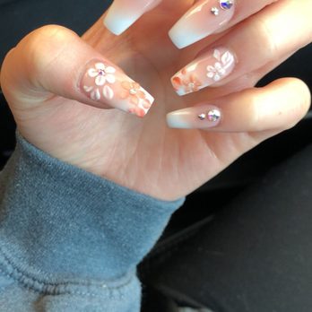 Christine's Pretty Nails - Coffin shaped, Ombré Powder full set with 3D nail art and nail gems! - Nail Salons Near Me - Covina, California Christine's Pretty Nails - Coffin shaped, Ombré Powder full set with 3D nail art and nail gems! - Nail Salons Near Me - Covina, California