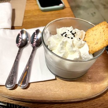 nonono - Kuro Goma - Black Sesame Panna Cotta with whipped cream and biscuit - Izakaya Near Me - New York, New York nonono - Kuro Goma - Black Sesame Panna Cotta with whipped cream and biscuit - Izakaya Near Me - New York, New York