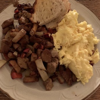 Lazy Jane's - Seitan hash with scrambled eggs and sourdough toast - Bakeries Near Me - Madison, Wisconsin Lazy Jane's - Seitan hash with scrambled eggs and sourdough toast - Bakeries Near Me - Madison, Wisconsin