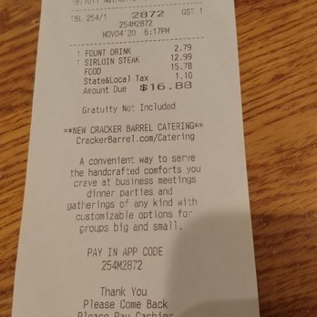 Cracker Barrel Old Country Store - total for the whole dinner with three sides and add on a $4 tip not bad at all. - Southern Near Me - Adairsville, Georgia Cracker Barrel Old Country Store - total for the whole dinner with three sides and add on a $4 tip not bad at all. - Southern Near Me - Adairsville, Georgia