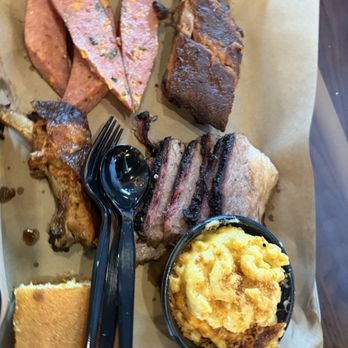 Mission BBQ - Meat Sampler pork rib, brisket and jalapeño sausage. We added a rib to it. - Barbeque Near Me - Henderson, Nevada