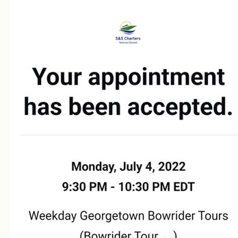 S & S Charters - First appointment confirmation - Boat Tours Near Me - Washington, DC, District of Columbia