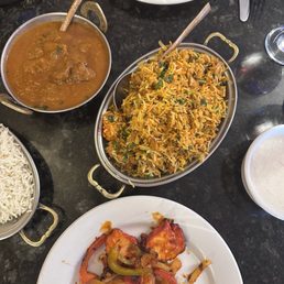 Chicken kabob appetizer, chicken biryani, lamb curry Chicken kabob appetizer, chicken biryani, lamb curry