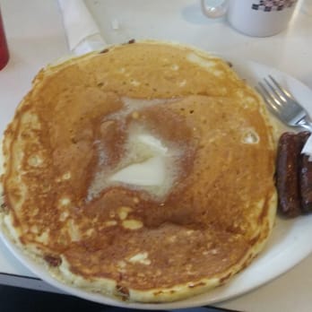 Morg's - Monster pecan pancake...  the sausage links are about 3 inches long.  The pancake is easily 12 inches in diameter. - Diners Near Me - Waterloo, Iowa