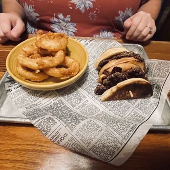 Cherry Street Pub - The bitchin' triple cheese triple bacon burger with onion rings (subbed from fries) and yes the bun is toasted and inside out! - Pubs Near Me - Lancaster, Ohio