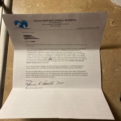 Ocean Heights Animal Hospital - The letter that was sent because I left a negative Yelp review. You can clearly see they never tried to contact me on Yelp