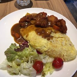 Cafeholic - Deep fried karaage chicken, Japanese curry and Omurice with side salad