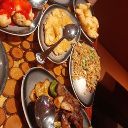 Dinner for 2....Rice.  with  S&S pork ,fried prawns  ,Mongolian beef  ,and breaded almond chicken