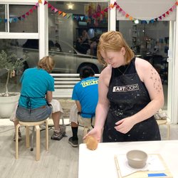 The Art Room - My sister's and I at adult pottery class, and studio hamster Potato! I can only imagine how much fun the kids pottery classes are here.