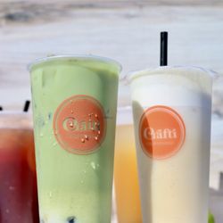 Matcha Lavender Milk Tea with Boba (left), Jasmine Green Tea with Cotton Foam (right)