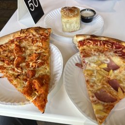 Buffalo Chicken and Hawaiian with garlic bread Buffalo Chicken and Hawaiian with garlic bread
