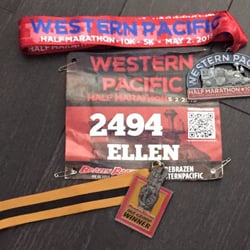 Western Pacific Half Marathon - half marathon bib, finisher's medal, and 3rd place age group medal for 2015 western pacific race