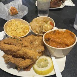 Fried catfish, mac and cheese, cabbage and sweet potato casserole Fried catfish, mac and cheese, cabbage and sweet potato casserole