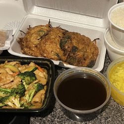 Tea Garden - Amazing Chicken w/ peanut sauce Veggie Egg Foo Young, sauce on side Egg drop soup