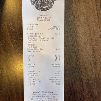 Smoque BBQ - Receipt - Barbeque Near Me - Chicago, Illinois