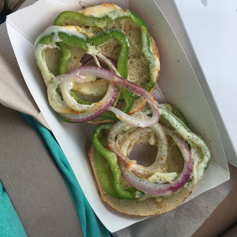My usual - everything bagel with munster cheese melted over green peppers and onions. Salted and peppered too. My usual - everything bagel with munster cheese melted over green peppers and onions. Salted and peppered too.