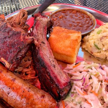 Cruiser's Cafe 66 - BBQ Sampler Plate: Pork rib, beef rib, brisket, sausage, potato salad, coleslaw, beans and cornbread - American Near Me - Williams, Arizona