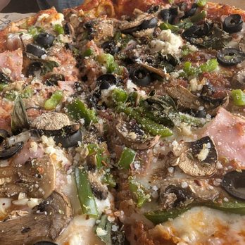 Blaze Pizza - High rise - ham bacon green pepper mushroom black olive basil chopped garlic riccotta - Pizza Near Me - Frisco, Texas Blaze Pizza - High rise - ham bacon green pepper mushroom black olive basil chopped garlic riccotta - Pizza Near Me - Frisco, Texas