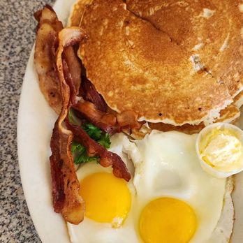 Pegah's Kitchen - Pancake combo with 2 flapjacks, bacon, eggs and your choice of starch - American Near Me - San Marcos, California