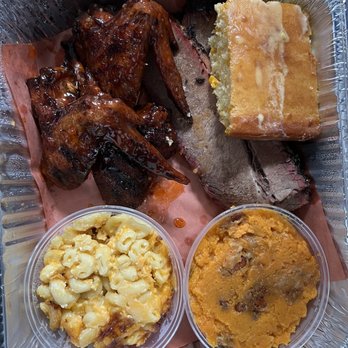 The Smoke Pit - Dragon wings with lean briskets, cornbread, macaroni and sweet potato casserole. - Barbeque Near Me - Gastonia, North Carolina The Smoke Pit - Dragon wings with lean briskets, cornbread, macaroni and sweet potato casserole. - Barbeque Near Me - Gastonia, North Carolina