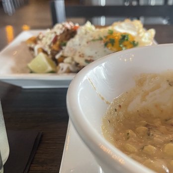 The Rustic Spoon - Carnitas Hash, Corn Chowder (I think)! Both was great! - Breakfast & Brunch Near Me - Virginia Beach, Virginia