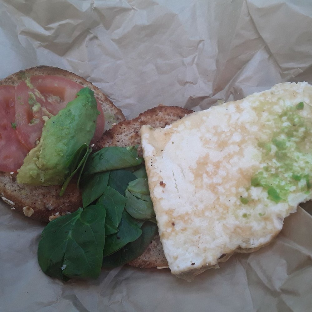 Avocado egg white and spinach sandwich.