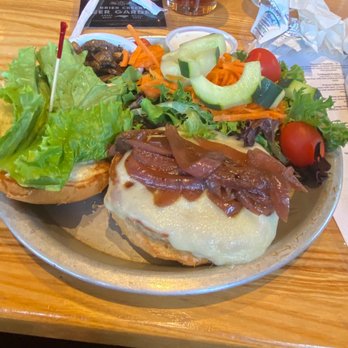 Brier Creek Beer Garden - Turkey Burger with onions on top. Side salad. Side of mushrooms. - Gastropubs Near Me - Raleigh, North Carolina