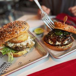 Gordon Ramsay Burger - September's special burger (beef patty + spiced pulled lamb); Blue cheese burger
