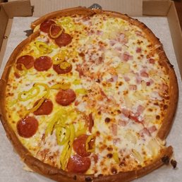1/2 pepperoni & hot peppers 1/2 hawaiian 1/2 pepperoni & hot peppers 1/2 hawaiian