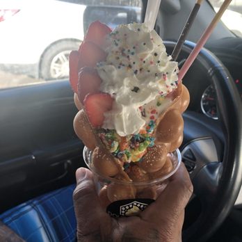 Double Three - Original waffle, vanilla ice cream, fruity pebbles, fresh strawberries, pocky stick, macaroon, and whipped cream. - Ice Cream & Frozen Yogurt Near Me - Honolulu, Hawaii Double Three - Original waffle, vanilla ice cream, fruity pebbles, fresh strawberries, pocky stick, macaroon, and whipped cream. - Ice Cream & Frozen Yogurt Near Me - Honolulu, Hawaii