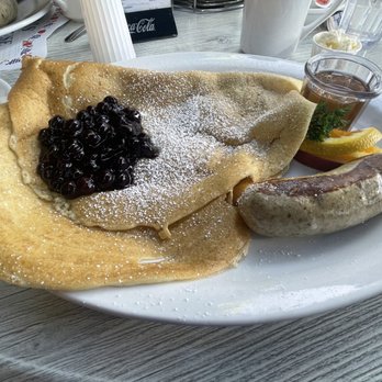 Paula's Pancake House - Danish pancakes with blueberries and danish sausage on the side - Breakfast & Brunch Near Me - Solvang, California Paula's Pancake House - Danish pancakes with blueberries and danish sausage on the side - Breakfast & Brunch Near Me - Solvang, California