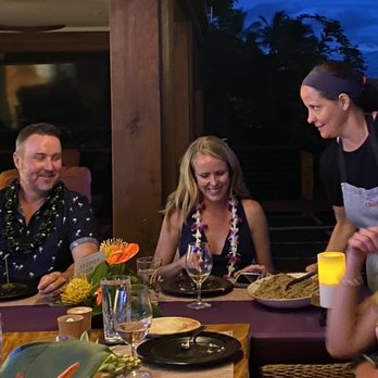 Healthy Maui Chef - The engaged couple and Chef Hillary serving the guests. Where is was an Asian- inspired soba noodle dish that was outstanding. - Caterers Near Me Healthy Maui Chef - The engaged couple and Chef Hillary serving the guests. Where is was an Asian- inspired soba noodle dish that was outstanding. - Caterers Near Me