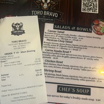 Toro Bravo - The Mexican chop salad is $13.99, but was charged $16.99. It says bacon is included, but they might charge extra. - Mexican Near Me - Vail, Arizona