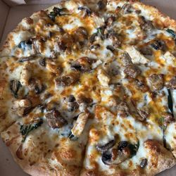Domino's Pizza - 2025 14" $9.99 Special Hand tossed Sausage, Chicken, spinach, parm, mushrooms, Alfredo, feta, cheese blend, perfect!